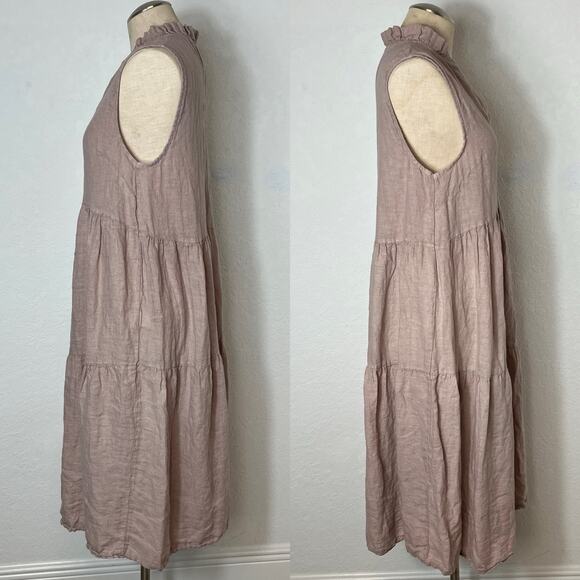 Le Ragazze Sleeveless A-Line Linen Dress, size M, tiered, ruffle collar v-neck - Picture 2 of 8